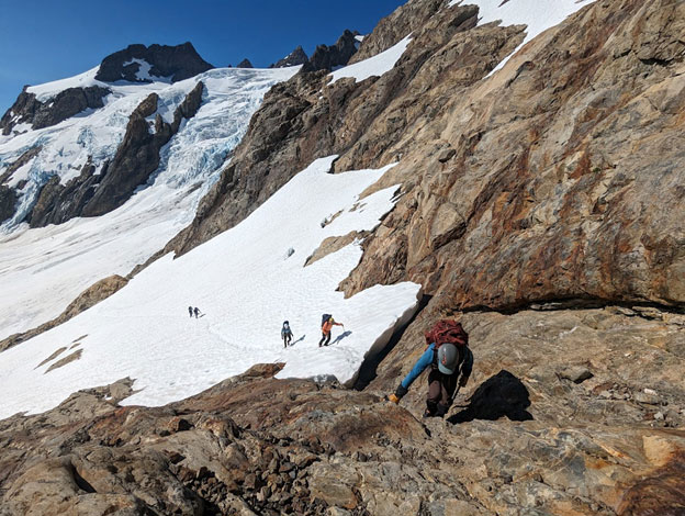 Walking on ice and rock.